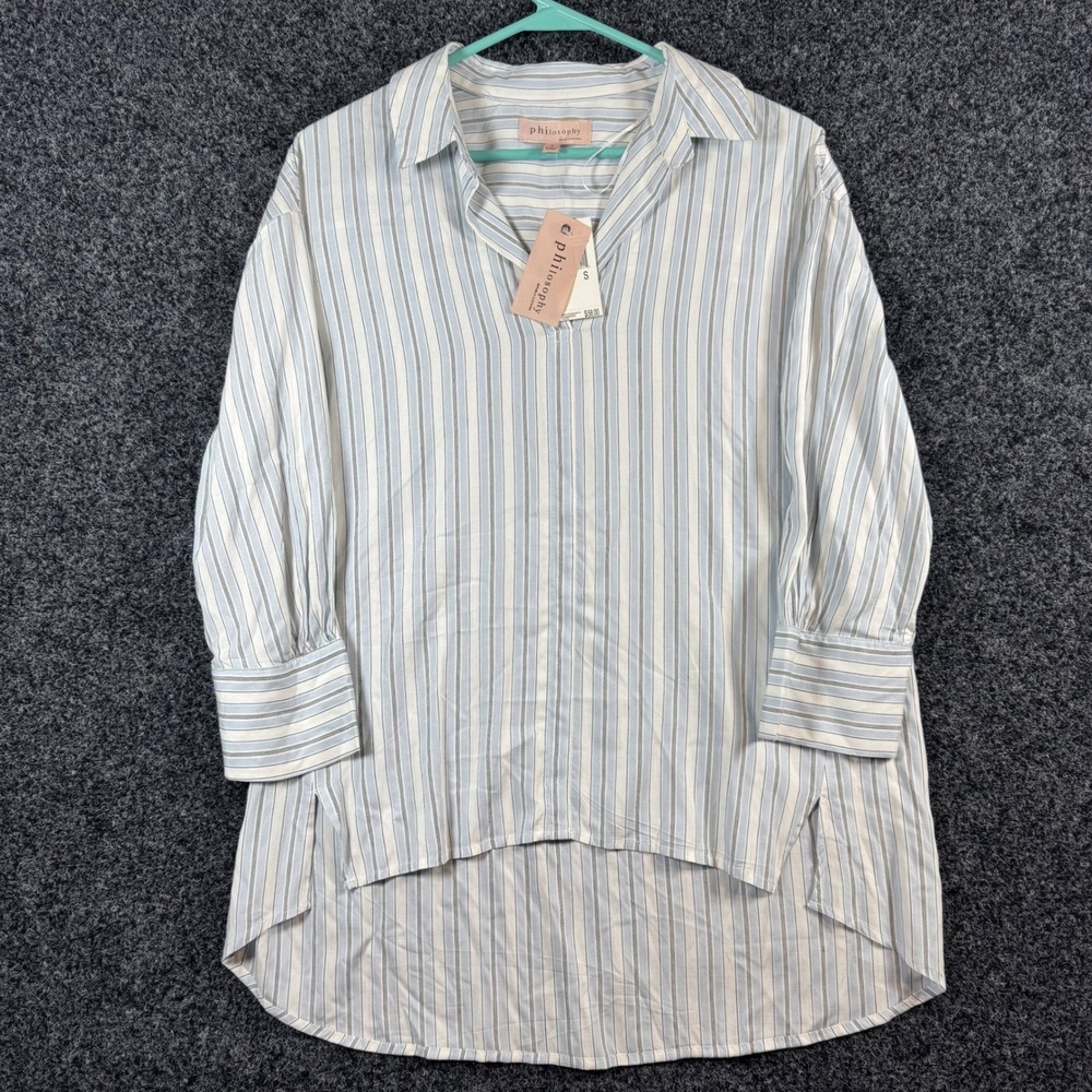 Philosophy Republic Clothing Striped Tunic Top Blue White High Low Hem Small NWT